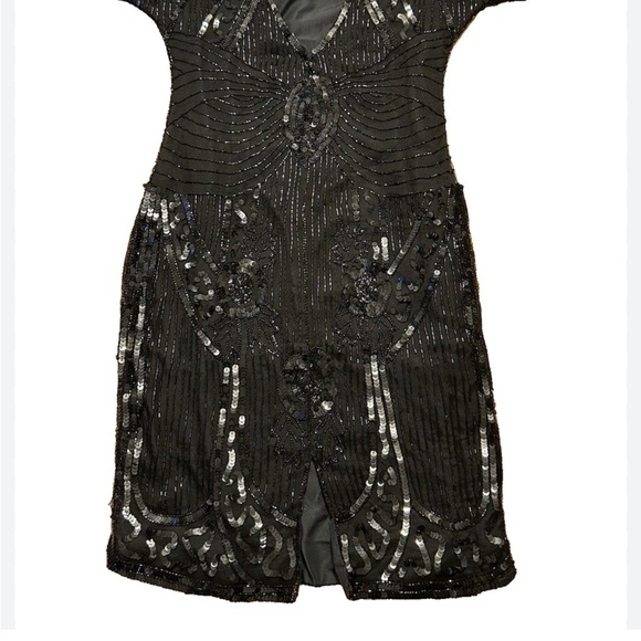 Stenay Vintage 80s Black Silk Beaded Sequin Midi Cocktail Party Small Gatsby - Picture 5 of 16